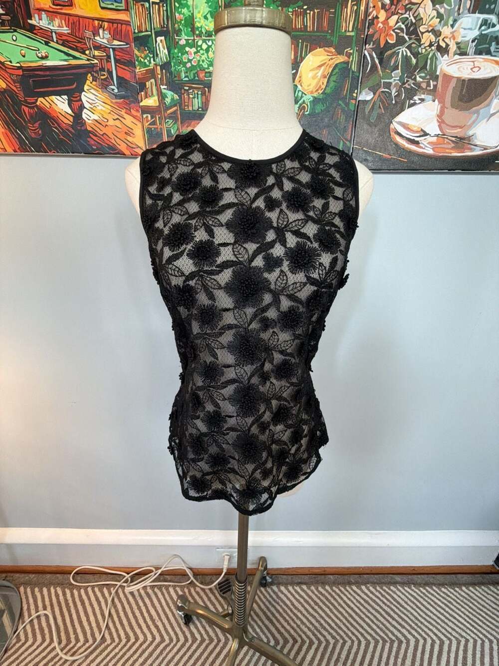 Tracy Reese Sheer Black Lace Applique Button Back Tank Top size 8